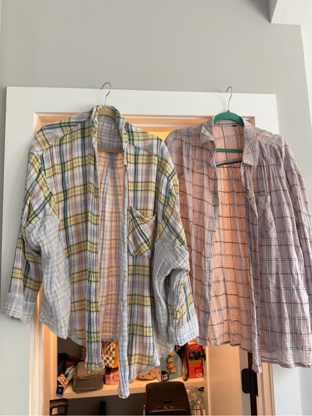 Free People Plaid Button Down Shirt Duo in Yellow and Pink and Gray Sweater - Picture 3 of 9